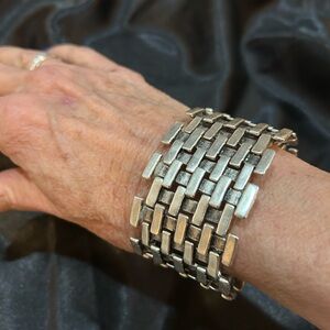 Bold Industrial Silver Wide Link Cuff Bracelet- Runway Armor Syyle